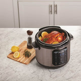 Crock Pot CPE300 Express Crock XL Multi Cooker with 7.6L capacity and 14 cooking functions, including pressure cook and slow cook.