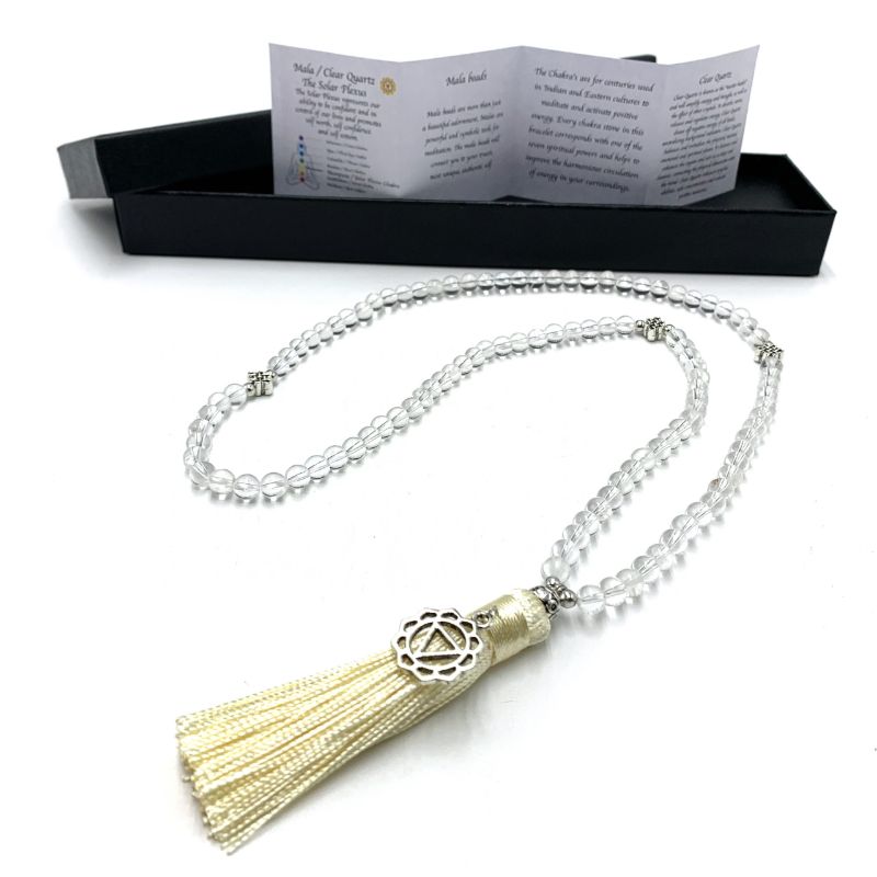 Mala Beads - Clear Quartz with Solar Plexus Chakra Charm (70cm)