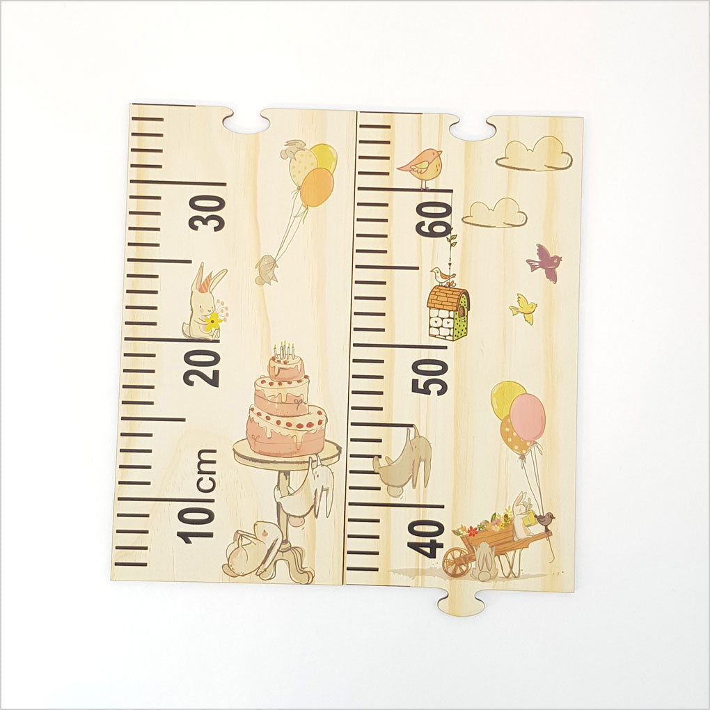 Woodland Party growth chart ruler with woodland creatures, eco-friendly pine veneer, 1.5 meters tall, customizable puzzle pieces.