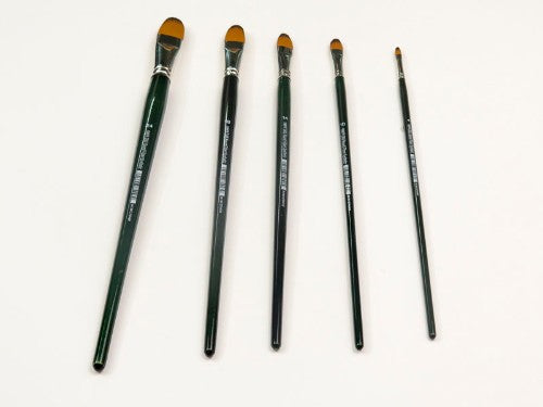 Synthetic filbert brush with premium hair for precision and versatility in acrylic, oil, and watercolor painting.