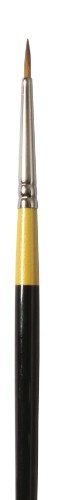 Precision round brush for detailing and fine lines, ideal for acrylics and watercolors, featuring ergonomic handle.