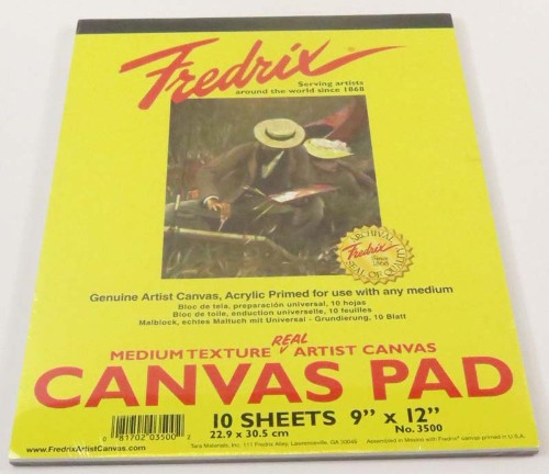 Fredrix 9x12 Canvas Pads with 10 premium sheets, perfect for oil, acrylic, and mixed media artworks.