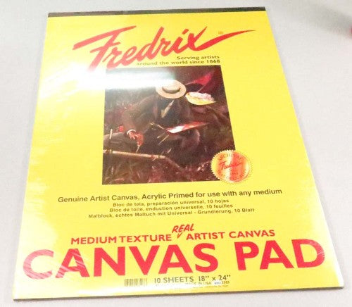 Fredrix 18x24 Artist Canvas Pad with 10 primed sheets for acrylics, oils, and mixed media, ideal for artists.