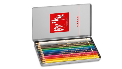 Caran d'Ache Pablo Set of 12 artist pencils with vibrant colors, exceptional lightfastness, and smooth application on various surfaces.