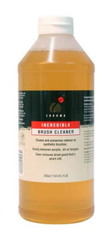 1 Litre bottle of Chroma Incredible Brush Cleaner for maintaining acrylic paintbrushes and removing dried paint residues.