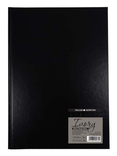 Black Hardback A4 Sketch Book with 78 acid-free ivory paper sheets, durable cover, and perforated pages for easy removal.