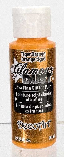 Glamour Dust 2oz in Tiger Orange, a vibrant glitter paint for customizing fabrics and crafts with a dazzling finish.