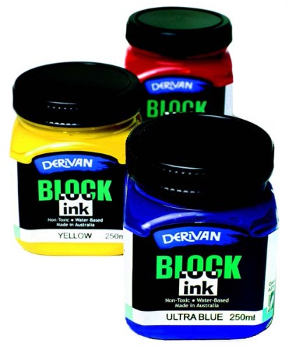 Black Derivan Block Ink 250ml for vibrant block printing on various surfaces, non-toxic and easy to clean.