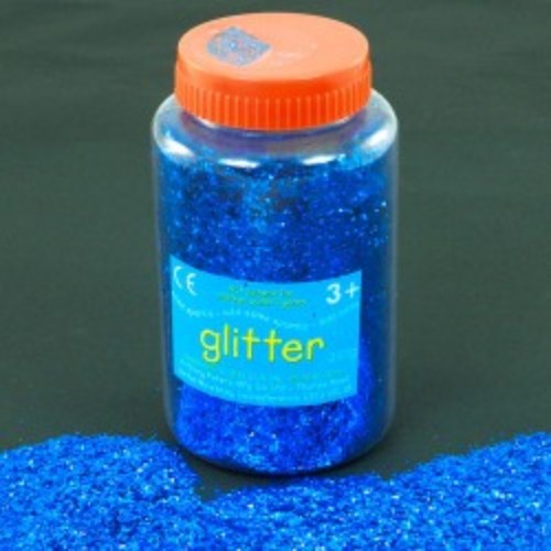 Giant 250gm blue glitter shaker for arts and crafts, featuring a flip-top lid and clump-resistant formula.