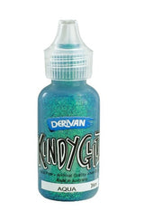 Five vibrant 36ml bottles of Derivan Kindy Glitz Aqua Glitter glue for enhancing arts and crafts with a dazzling sparkle.