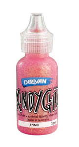 Five 36ml bottles of pink Derivan Kindy Glitz glitter glue for crafts, safe for children and suitable for various paper projects.