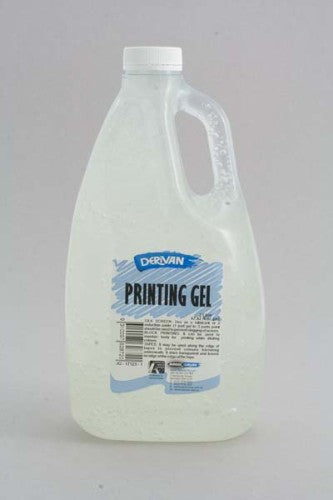 Derivan 2L Print Gel in a clear bottle, ideal for silk screen printing and crafting with vibrant, fluid acrylics.