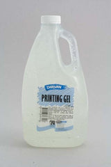 Derivan 2L Print Gel in a clear bottle, ideal for silk screen printing and crafting with vibrant, fluid acrylics.