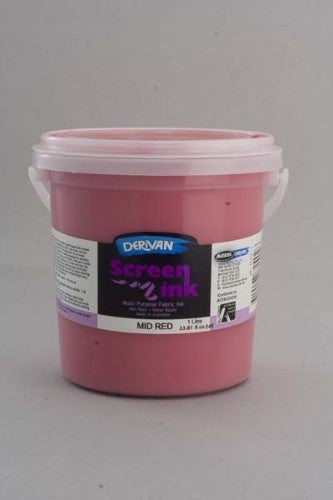 Vibrant 1L Mid Red screen printing ink, perfect for fabric arts and safe, water-based use.