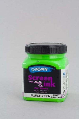 250ml bottle of Derivan Fluorescent Green Screen Ink, water-based, non-toxic, ideal for fabric printing and tie-dye projects.