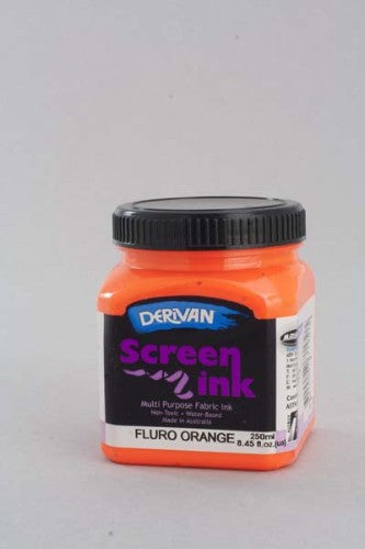 Vibrant 250ml Derivan Fluorescent Orange Screen Ink for fabric printing, non-toxic, water-based, and easy to clean.