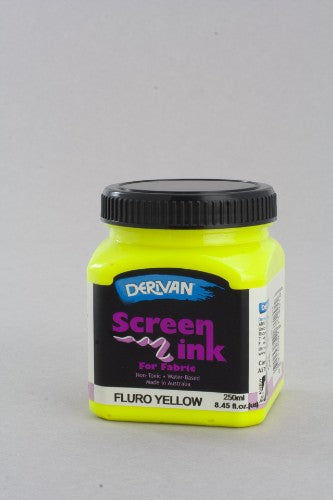 Derivan Screen Ink 250ml in Fluorescent Yellow, perfect for vibrant fabric art and safe, non-toxic screen printing.