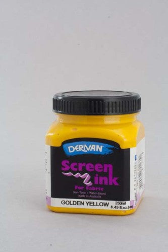 Derivan Screen Ink 250ml in vibrant golden yellow, perfect for fabric prints and safe for all creative projects.