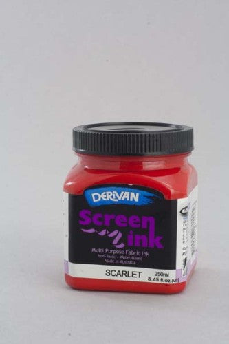 Derivan Screen Ink 250ml in Scarlet, perfect for vibrant and safe silk screen printing on fabric and T-shirts.