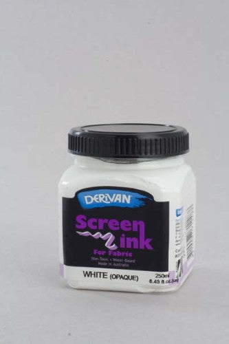 250ml Derivan Screen Ink in white, ideal for fabric printing—non-toxic, vibrant, easy cleanup, and excellent lightfastness.