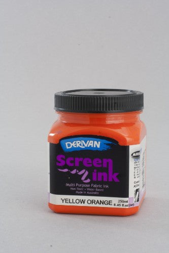 Vibrant 250ml bottle of Yellow Orange Derivan Screen Ink for safe, easy fabric screen printing and crafting projects.