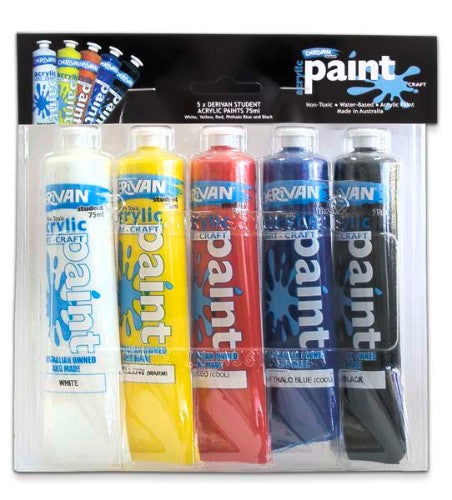 Five vibrant 75ml tubes of Derivan Student Acrylic Paint, perfect for artists to explore colour mixing and blending.