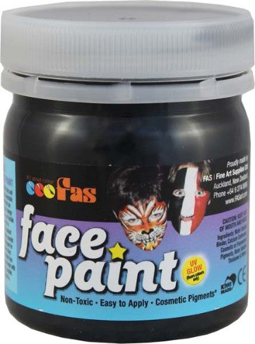 Fas Pro Face Paint in black, 120ml, perfect for vibrant designs at festivals and parties, safe for all skin types.