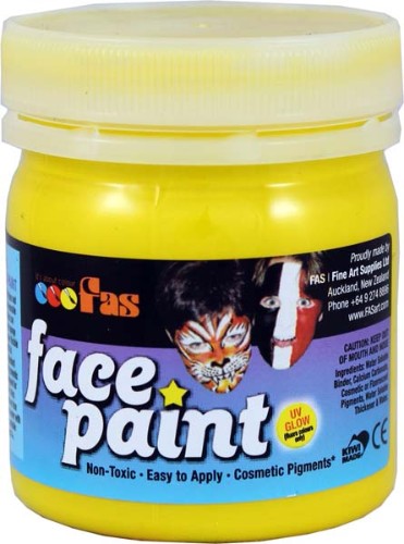 Vibrant yellow Fas Pro face paint, 120ml, ideal for parties and events, safe for all ages, easy to apply and remove.