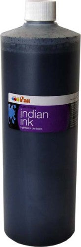 Fas Waterproof India Ink 1ltr, versatile jet black ink for artists, suitable for various techniques and non-toxic.