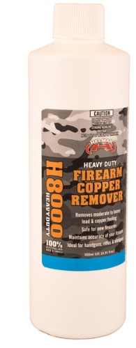 Helmar H8000 Copper Remover 500ml, an advanced cleaner for removing copper fouling from firearms, safe for various finishes.