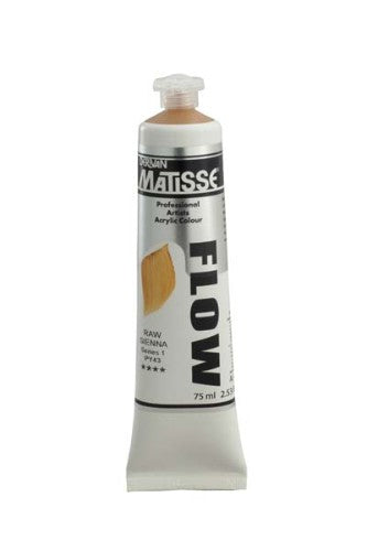 Matisse Flow 75ml Raw Sienna S1 acrylic paint in a warm earthy tone, ideal for versatile art projects and seamless brushstrokes.