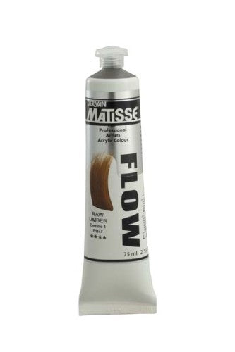 Matisse Flow 75ml Raw Umber S1 acrylic paint in earthy tone, ideal for fluid application and detailed brushwork.