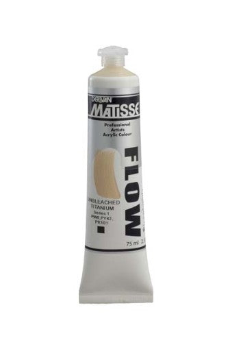 Matisse Flow Acrylic Paint in Unbleached Titanium S1, 75ml, featuring a low-sheen finish for smooth application and vibrant colors.