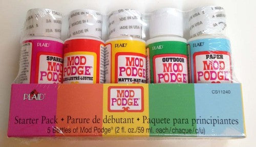 Mod Podge Starter Set featuring five 2oz bottles: Gloss, Matte, Sparkle, Outdoor, and Matte Paper for versatile crafting.