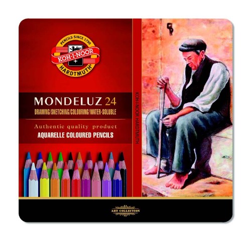 Set of 24 vibrant Mondeluz aquarelle colored pencils in a protective tin, perfect for artistic creativity and watercolor effects.