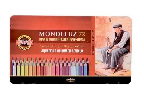 Set of 72 professional-grade aquarelle coloured pencils in a protective tin, designed for vibrant watercolor techniques.