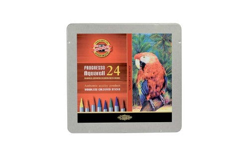 Progresso Aquarelle colored pencils in 24 vibrant shades, ideal for creating watercolor effects and detailed artwork.