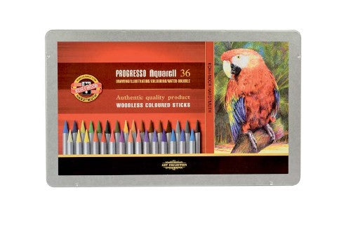 Woodless water-soluble colored pencils in 36 vibrant colors for mixed media and watercolor effects.