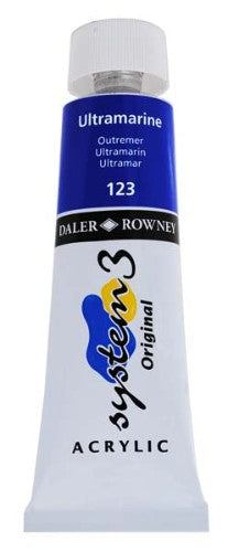 75ml tube of Rown System 3 French Ultramarine acrylic paint, vibrant blue color for versatile artistic techniques.