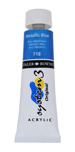 Rown System 3 75ml Metallic Blue acrylic paint, vibrant shimmer for creative projects, suitable for various surfaces.