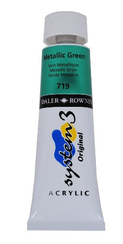 Rown System 3 75ml Metallic Green Acrylic Paint, perfect for adding shimmer and texture to various artistic projects.