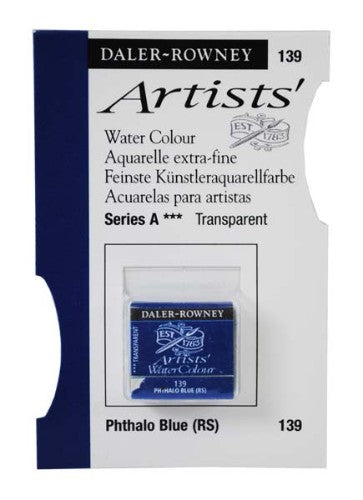 Daler Rowney Phthalo Blue watercolour half pan, vibrant hue ideal for blending and creating stunning artworks.