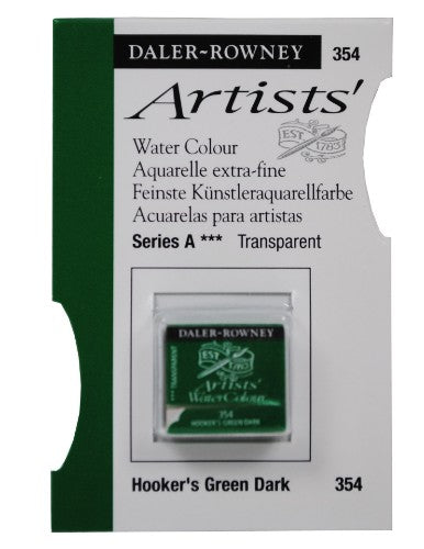 Daler Rowney Hookers Green Dark watercolour half pan, ideal for vibrant landscapes and seamless blending.