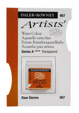 Daler Rowney Raw Sienna watercolour half pan, perfect for rich hues and smooth application in various art projects.