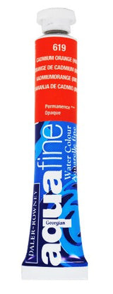 Vibrant 8ml tube of Daler-Rowney Aquafine Cad Orange Hue watercolour, ideal for blending and transparent washes.