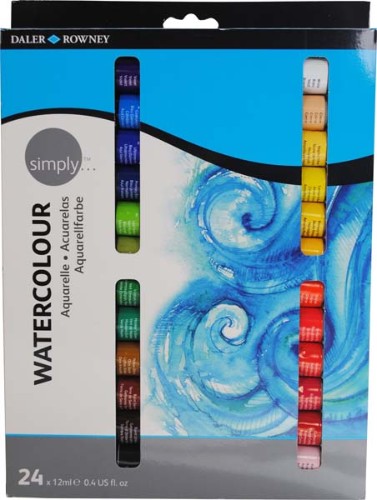 D-R Simply Watercolour 24x12ml Set with 24 vibrant paints in tubes, ideal for artists seeking quality and versatility.