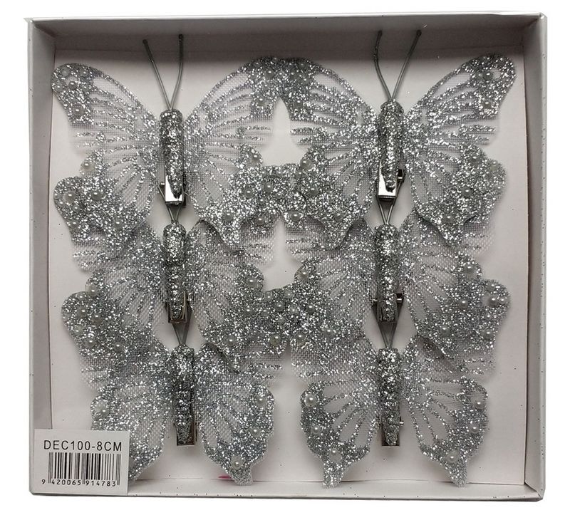 Butterfly Clip Set - Silver Glitter 8cm (2 Packs)