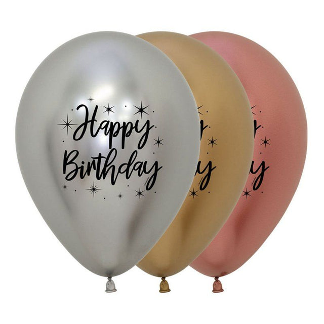 Pack of 25 radiant metallic balloons in Rose Gold, Gold, and Silver, perfect for elegant celebrations and decorations.