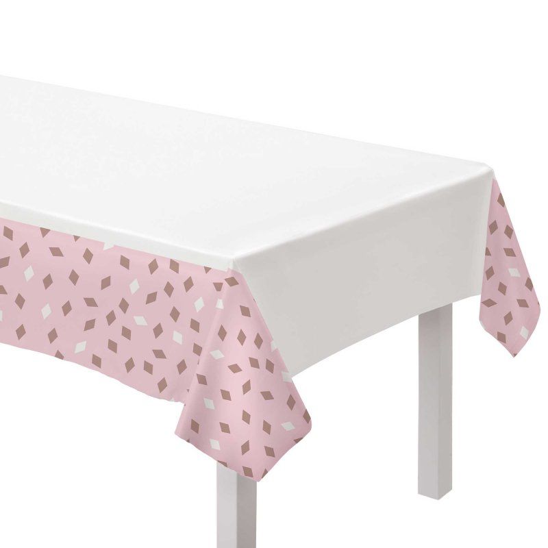 Blush plastic tablecover measuring 259cm, perfect for colorful birthday parties and easy cleanup.