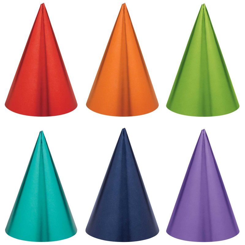Colorful rainbow foil party cone hats, 17cm, pack of 12, perfect for birthday celebrations.
